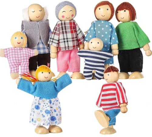 BEAHING Casa delle Bambole, 8 Figure di Famiglia Bambole in Legno posabili Simpatiche Case delle Figure di Persone Set per Ragazze Ragazzi Accessori per Bambini Giocattolo