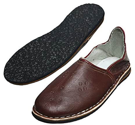 Babuchas o Zapatillas marroquíes unisex de Cuero autentico y suela de goma. Cómodas y robustas para usar dentro o Fuera de casa (Marrón, numeric_44)