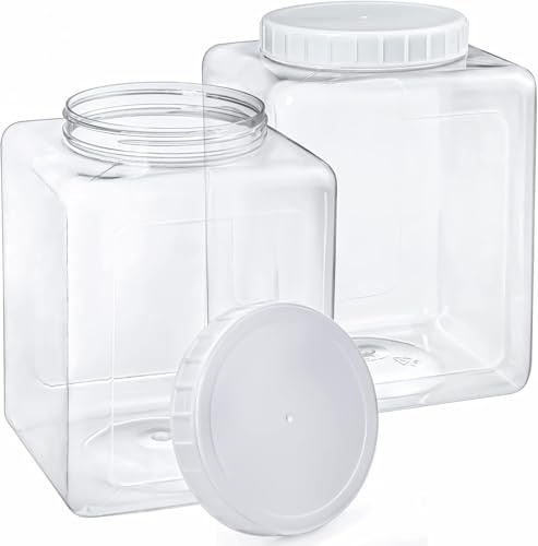 Elsjoy 2 Pack 1.3Gallon/ 5L Plastic Jars, Plastic Gallon Containers with Lids, Large Square Plastic Food Storage Jar for Kitchen, Dry Food, Snack