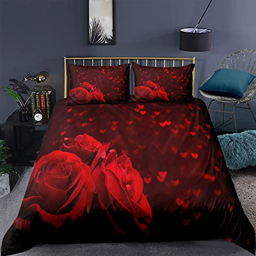 RFFLUX 3D romantisch rot Rosen Bettwäsche Set 135x200 cm 2teilig mit Reißverschluss Weiche und Angenehme Schlafkomfort Microfaser Bettbezug Kinderbettwäsche mit Kissenbezug 80x80 cm