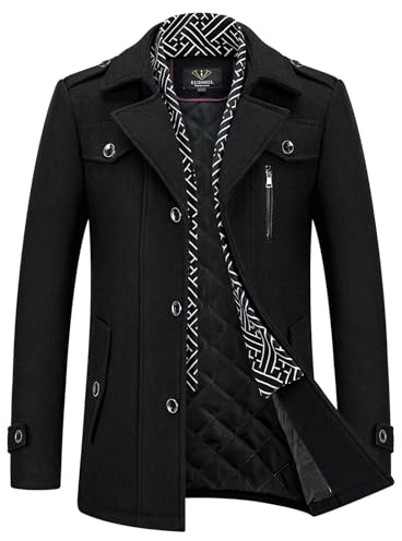 KUDMOL Herr ull trenchcoat solid casual vadderad utomhus overcoat halsduk krage lång varm affärsjacka, svart, XL