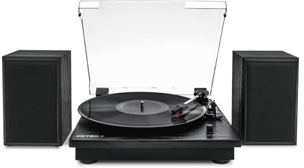 Victrola Montauk Vinyl Record Player, 3-Speed Belt Driven Turntable with Stereo Bluetooth Speaker Pair, RCA Output & 3.5mm Headphone Jack, Removable Dust Cover, Black Wood Finish