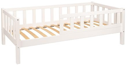 Alije Kinderbett Bett mit Rausfallschutz 120x200 Weiß Leo Lattenrost Bettgestell aus Kiefer Holz für Haus Kinder Jungen & Mädchen - Holzbett Baby Kinderzimmer Junge Deko