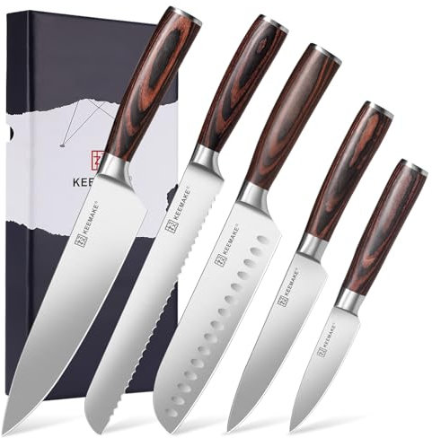 KEEMAKE Set Coltelli da Cucina 5 pezzi, Coltello da Cucina Professionale Spelucchino Santoku Pane Chef Universale, in Acciaio Inossidabile