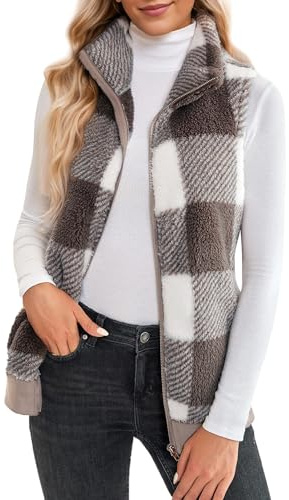 Maeau - Chaleco a Cuadros Mujer Sin Mangas Chaqueta Forro Polar con Bolsillos Chaleco Abrigo Peluche Cálido Informal Chaleco Otoño Invierno - Caqui - XL
