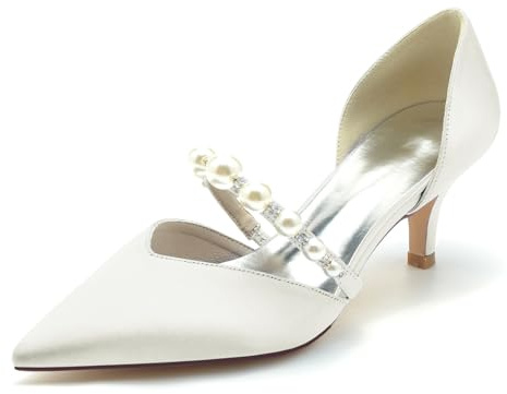 HXTYXCQ Femmes Bout Pointu Chaussures De Mariage pour La Mariée Glisser sur Robe Escarpins avec Perle Talon Chaton Moyen Chaussures De Soirée Fête De Bal,Ivoire,36 EU