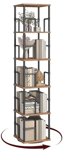 MAHANCRIS Bücherregal mit 5 Ebenen, Drehregal Regal mit Buchstützen, 30 x 30 x 158,7 cm, Standregal für Kleine Räume, Industrie-Design, für Wohnzimmer, Schlafzimmer, Braun und Schwarz ABKHR1601