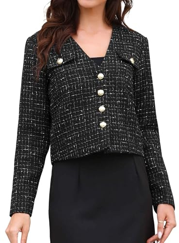 Allegra K Giacche in tweed da donna a maniche lunghe senza colletto senza colletto elegante giacca corta casual da lavoro, Nero , S