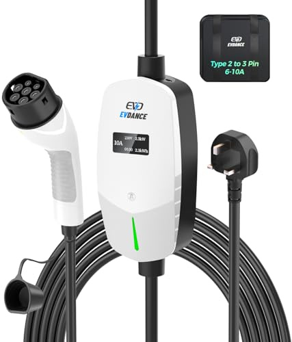 EVDANCE EV Charging Cable for Electric and Hybrid Vehicles, 6 Metres, 3 Pin UK Plug to Type 2 Car Charger, 10A Max, IP66 Protection Suitable for Home & Travel, White