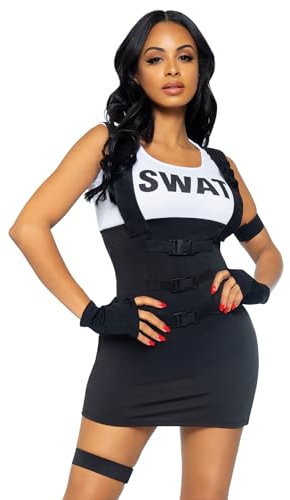 LEG AVENUE 83850 - 4Tl. Sultry Swat Einsatzleiterin Kostüm Set Mit Tank Kleid, Fingerlose Handschuhe, Arm Bund und Gürtel Kostüm Damen Karneval, S/M (EUR 36-38), Schwarz