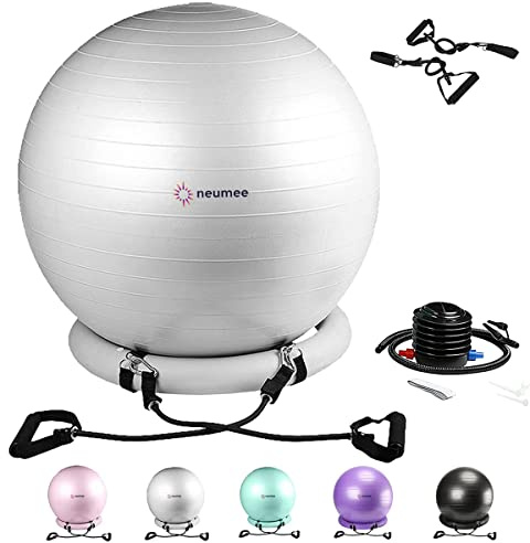 NEUMEE Yoga Ball Chair with 65cm Exercise Ball & 2 Resistance Bands, Stability Base for Home Office, Yoga, Pilates & Fitness, Balance Ball for Posture, Core Strength & Low Impact Workouts (Grey)