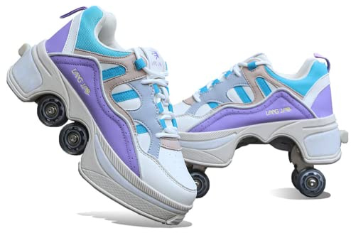LDRFSE Double-Row Deform Wheel Automatic Walking Shoes Invisible Deformation Roller Skate Male and Female Skating Shoes 2 in 1 Removable Pulley Skate Shoes Recreation Sneakers Purple