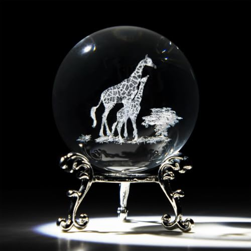 HDCRYSTALGIFTS Presse-papier en verre gravé au laser 3D de 60 mm avec motif de girafes et mamans et bébés girafes - Décoration en verre - Avec support - Cadeau girafe