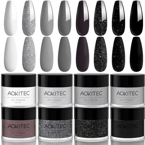 Aokitec 8 Colores Kit de Polvo de Inmersión de Uñas Arte de Uñas para Principiantes Bricolaje de Salón de Manicura en Casa sin Olor, sin Necesidad de Curado con Lámpara de Uñas