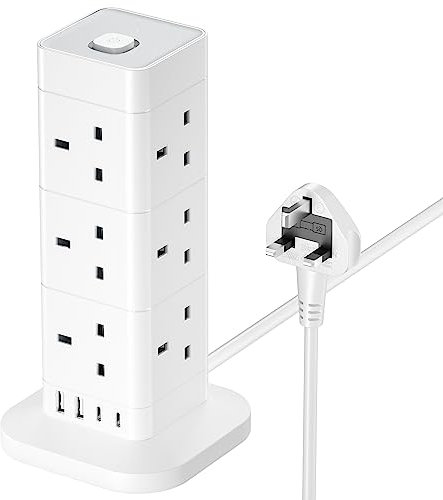 Tower Extension Lead with USB Slots, Hotimy 12 Way Extension Tower Surge Protection with 4 USB Slots (2 Type C & 2 USB A) Multi Plug Tower Power Strip 3250W 13A Extension Cord 2M for Phone,Tablet, TV