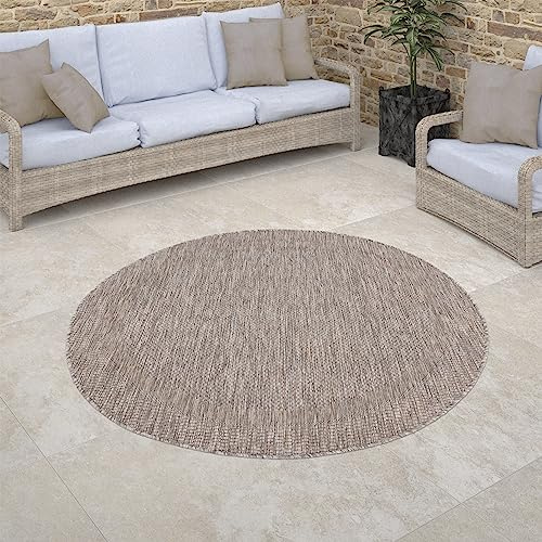 Paco Home Outdoor Teppich rund wetterfest & pflegeleicht Flachgewebe in Sisal-Optik mit Bordüre UV-beständig Modern für Balkon, Terrasse, Garten, Wohnzimmer, Grösse:120 cm Rund, Farbe:Natur