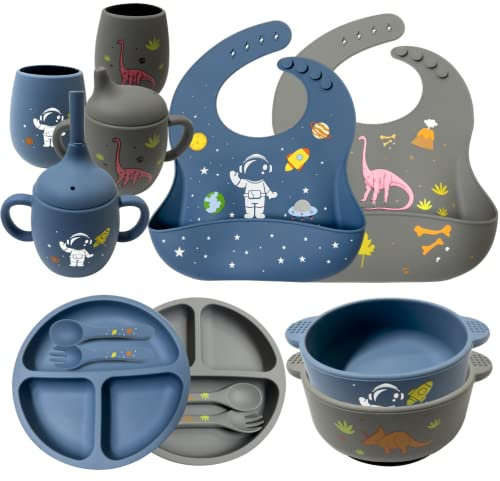 Silikon -Baby -Fütterungsset mit Muster, Absetzvorräten für Baby -LED mit verstellbarem Lätzchen, Saugschale, Saug -geteilter Teller, Strohbecher, Löffel der ersten Stufe und Gabel