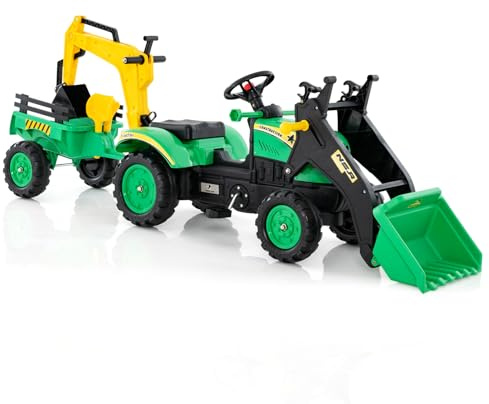 COSTWAY 3 in 1 Escavatore per Bambini, Trattore con Rimorchio Staccabile Cavalcabile per Bambini, con 6 Ruote e 2 Benne, per 3-6 Anni (Verde)