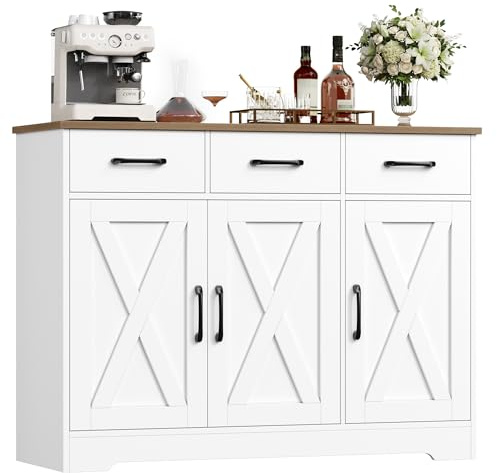 HOCSOK Credenza, Mobile Cucina con 3 Cassetti e 3 Armadi，Buffet Mobile Moderno, Credenza Soggiorno, Mobile per Cucina Ingresso Foyer, Sala da Pranzo, Bianco +Marrone