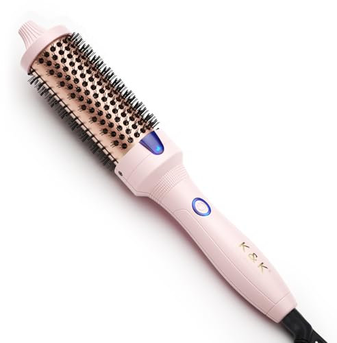 K&K Thermal Brush Keratin Protect Heated Barrel Hot Hair Brush Ionic Smooth Shine Volumize Comb Dual Voltage Hair Straightener Curler Styling Tool 38 mm UK Plug (Pink, 38mm)