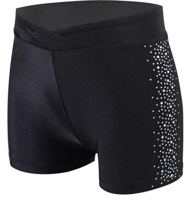 ranrann Enfant Fille Short de Patinage Artistique Gymnastique Danse Short Strass Brillant Sport Fitness Gym Ballet 5-16 Ans A Noir 11-12 Ans