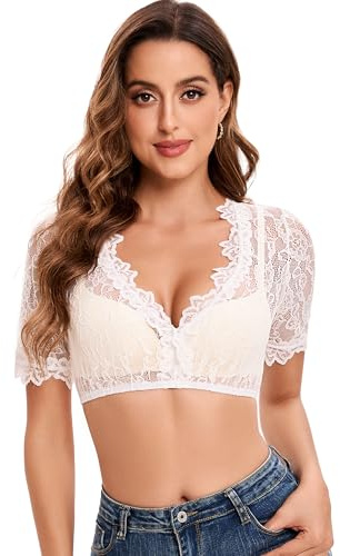 Goxozzy Dirndl Bluse, Camicia Dirndl Donna, Camicia Bavarese Donna, Camicetta Dirndl in Pizzo,Bluse Dirndl Elegante con Scollo a V (IT, Numero, 38, Regular, Regular, Mezza Manica, Bianco)