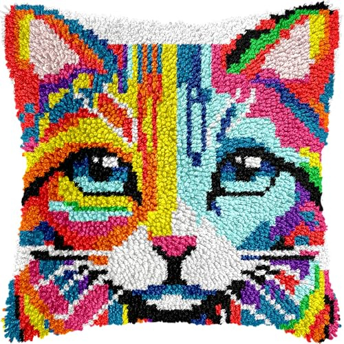 veirousa Colorful Cat Latch Hook Kits for Adults Beginners, Cute Animals Latch Hook Pillow Kit Pre-Printed Latch Hook Rug Kits Cross-Stitch Embroidery Cushion for Home Sofa Decoration 17x17 in.