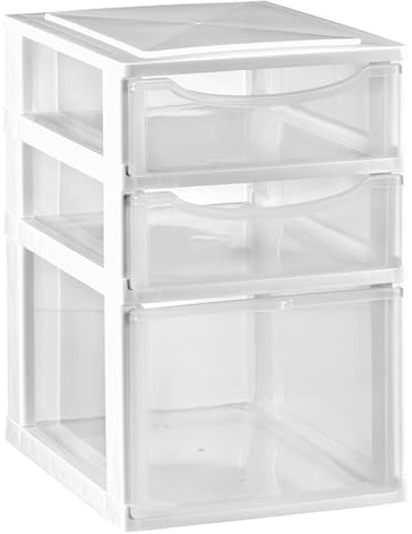 Hummelladen Schubladenbox DIN A4 mit 3 Schubladen 34,5x26x39 cm - Weiss-transparent Kunststoff Drawer Tower Box Organizer für Schreibtisch Easy-Pull-System