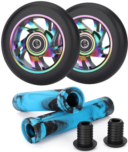 110mm Scooter Ersatzräder - 2 Stück 110mm Scooter Rollen räder mit ABEC-9 Lager - Aluminium 88A stunt scooter Rollen für Apollo Albott Hudora Fuzion (Z Blue/Black Grip Kit)