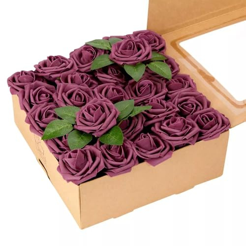 RCZ Décor Artificial Purple Foam Roses with Stems & Leaves - Pack of 50, Perfect for Wedding Centerpieces, Event Decor, DIY Bouquets, and More