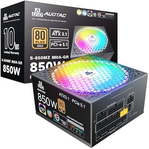 Auotac 850W Fully Modular Power Supply, 80+ Gold Certified PSU, ATX 3.1 & PCIe 5.1 Ready, 12V-2x6 Native Connector, 140mm RGB Low-Noise Smart Fan, 105℃ Japanese Capacitors, Black