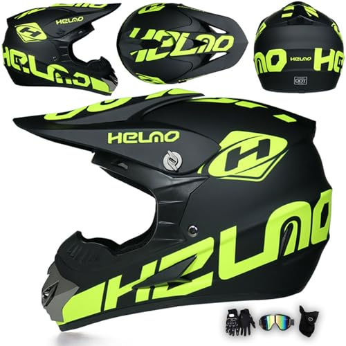 Casco Motocross Mujer Hombre Casco Integral para Motocicleta Adulto Niños Casco MX Enduro Quad Descenso Off Road MTB Todoterreno con Gafas Guantes Y Máscara,Green-XXL