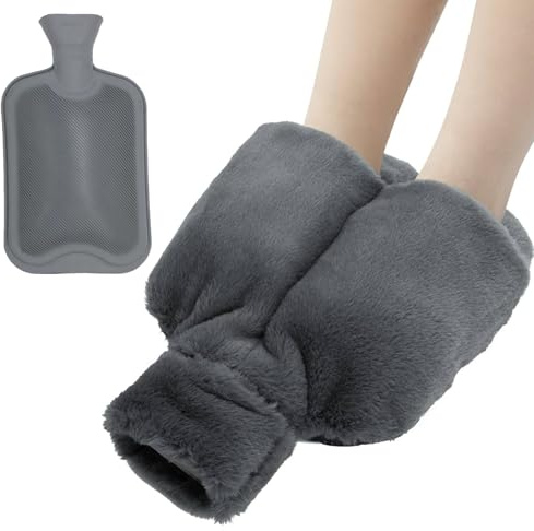 Bolsa De Agua Caliente para Pies, 2L Calentador De Pies Sin Electricidad, con Funda De Felpa Suave, para Invierno, Mujeres, Hombres, 36x32cm (Gris)