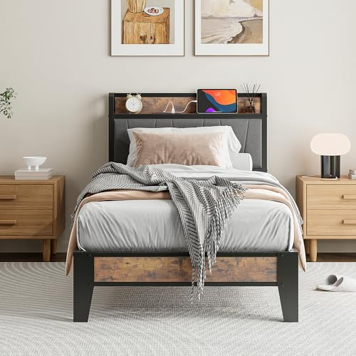IRONCK Single Bed Frame with Storage Shelf Upholstered Headboard, Platform Bed Frame with Charging Station, Metal Bed Frame/UnderBed Storage, Enhanced Support Noise Free, Vintage Brown+Grey
