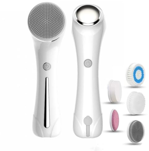 Spazzola elettrica per la pulizia del viso, 2 in 1, con funzione di compressione calda, per esfoliare delicatamente e rimuovere i punti neri, include 5 testine