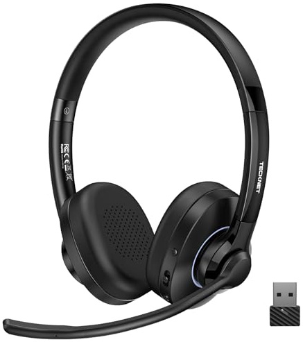 TECKNET Bluetooth Headset Wireless Headset with AI Call Noise Cancellation,Bluetooth 6.0/USB-A On-Ear Headphones,50H Playtime & Mute,Wireless Headphones with Mic for Trucker Cellphone Office