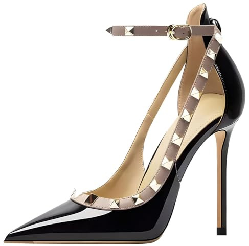 Tacones Stiletto Mujer con Tachuelas Cuero Patentado 10cm 12cm Punta Afilada Tobillera Zapatos de Tacón Alto Elegantes Zapatos de Vestir Fiestas Eventos Formales,Black 10cm,39 EU
