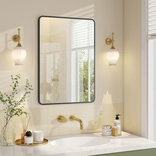SONGMICS Bathroom Mirror, Wall Mounted Vanity Mirror, Rectangular, Aluminium Frame, 70 x 50 cm, with Safety Film, 2 Mounting Options, for Living Room, Bedroom, Bathroom, Ink Black LWM018BD01