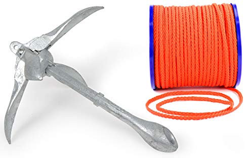 wellenshop Klapp-Anker 1,5 kg + Ankerleine 15 m Ø 8 mm Schwimmfähig Kunststoff Polyethylen PE Orange Faltklappanker Faltanker Stahl Verzinkt