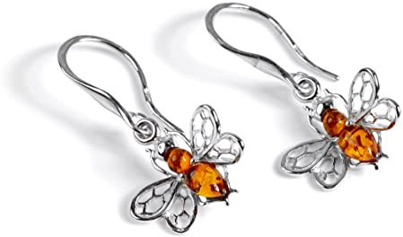 Honey Bee Bumblebee Drop Earrings in 925 Silver and Baltic Cognac Amber with Gift Box