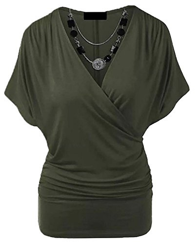 Candid Styles Womens Ladies Wrap Over Crossover V Neck Necklace Loose Tunic Batwing Top 8-22, XL 16-18 Plus Size, Khaki