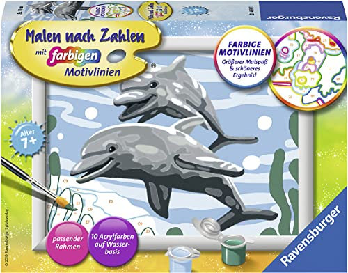 Ravensburger CreArt 28468 - Freundliche Delfine - Malen nach Zahlen für Kinder ab 7 Jahre, Malset mit Rahmen, Pinsel und Acrylfarben, Geschenk für Mädchen und Jungen