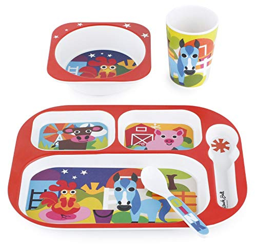 French Bull 4pc Toddler Kids Feeding Melamine Tableware Flatware BPA Free Dishwasher Safe, Durable Plate, Cup, bowl, Divided Tray Dinnerware Set, Farm