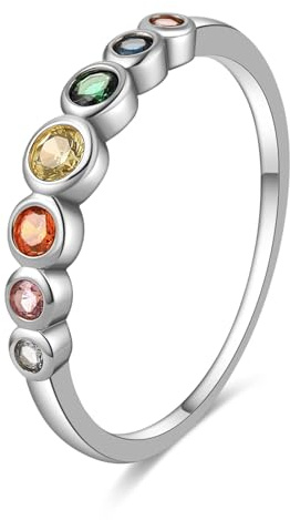 E Jewelry Rainbow Anniversary Eternity Ring für Frauen, Trauringe, Zirkonia 925er Sterling Silber Ring, Rhodinierter Damen Regenbogenring 54 (17,3)
