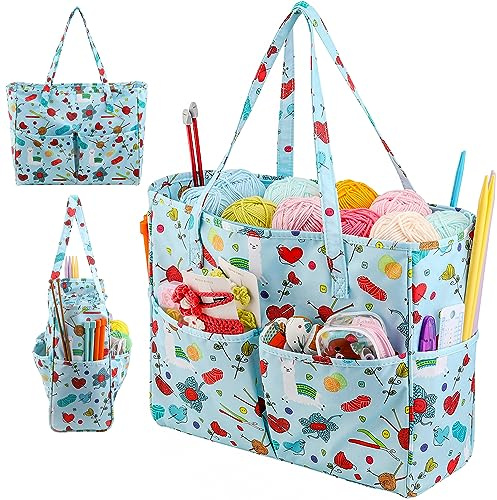 LOOEN Crochet Knitting Tote Bag - Empty Yarn Storage Organiser with Zipper & 10 Pockets (36x14x30cm), Travel Carrier for Hooks, Tangle-Free Wool Skeins, Alpaca Pattern Blue (Bag Only)