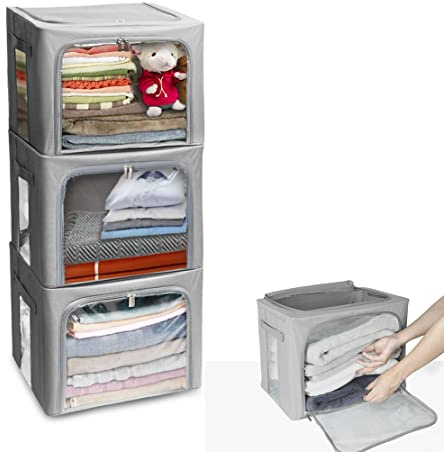 Stackable Clothes Storage Box for Clothing Gadgets,Steel Frame Storage Bins for Toys Gift,Foldable Oxford Fabric Closet Organizer Bag Set w/Carry Handles Clear Window (Medium- 40L x3 Pack, Grey)