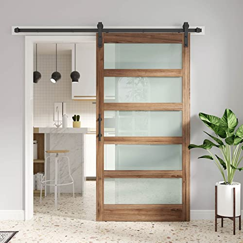 FREDBECK 42 x 84 inch Glass Barn Door with 7FT Barn Door Hardware Kit & Handle Included,5-Panel Frosted Glass,Wood Panel, Water-Proof Surface,Pre-Drilled Holes,Need Assembly