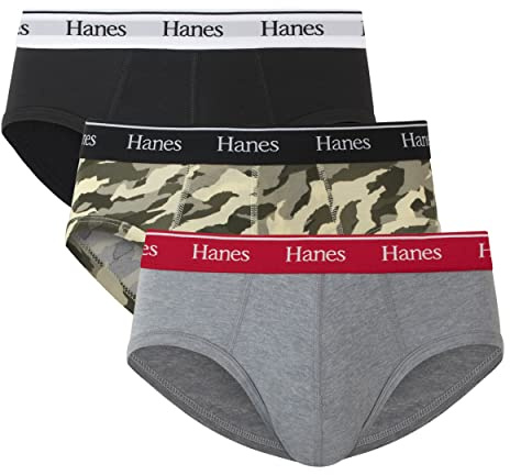 Hanes Men's Originals Stretch Cotton Briefs Pack, Moisture-Wicking Underwear, 3-Pack, Black/Concrete Heather/Camo, M (Pack of 3)