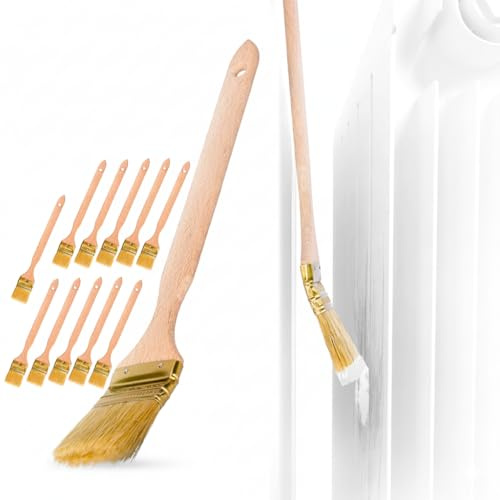ToolSpace Set 12 Brochas para Radiador Curvadas 50 mm Pincel de Pintura Ancho Mango Largo 35 cm Cerdas Naturales de Cerdo Madera Haya Maciza Profesional Pintar Fachadas Vallas Superficies Grandes