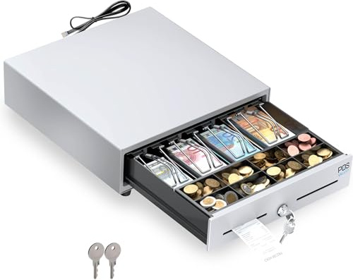 POS VALLEY Tiroir pour enregistreur de caisse petit, ouverture automatique RJ11 et clé, insert en espèces 4 billets et 8 pièces (euros), 33 x 33 cm (blanc)